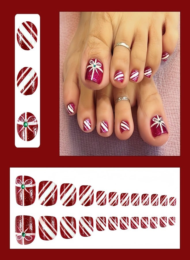 SHUXILIN 24Pcs Christmas Press on Toenails Short - SHUXILIN Rose Red Fake Toenails Glitter Rhinestone Glue on Toe Nails with Gift Box Candy Stripe Design Artificial Square Stick on Toe Nails for Women Girls - Image 2